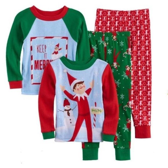 *Christmas Pajamas sz 4 Elf On The Shelf 4 Pc Red Green Long Sleeve Shirts Pants - Picture 1 of 7